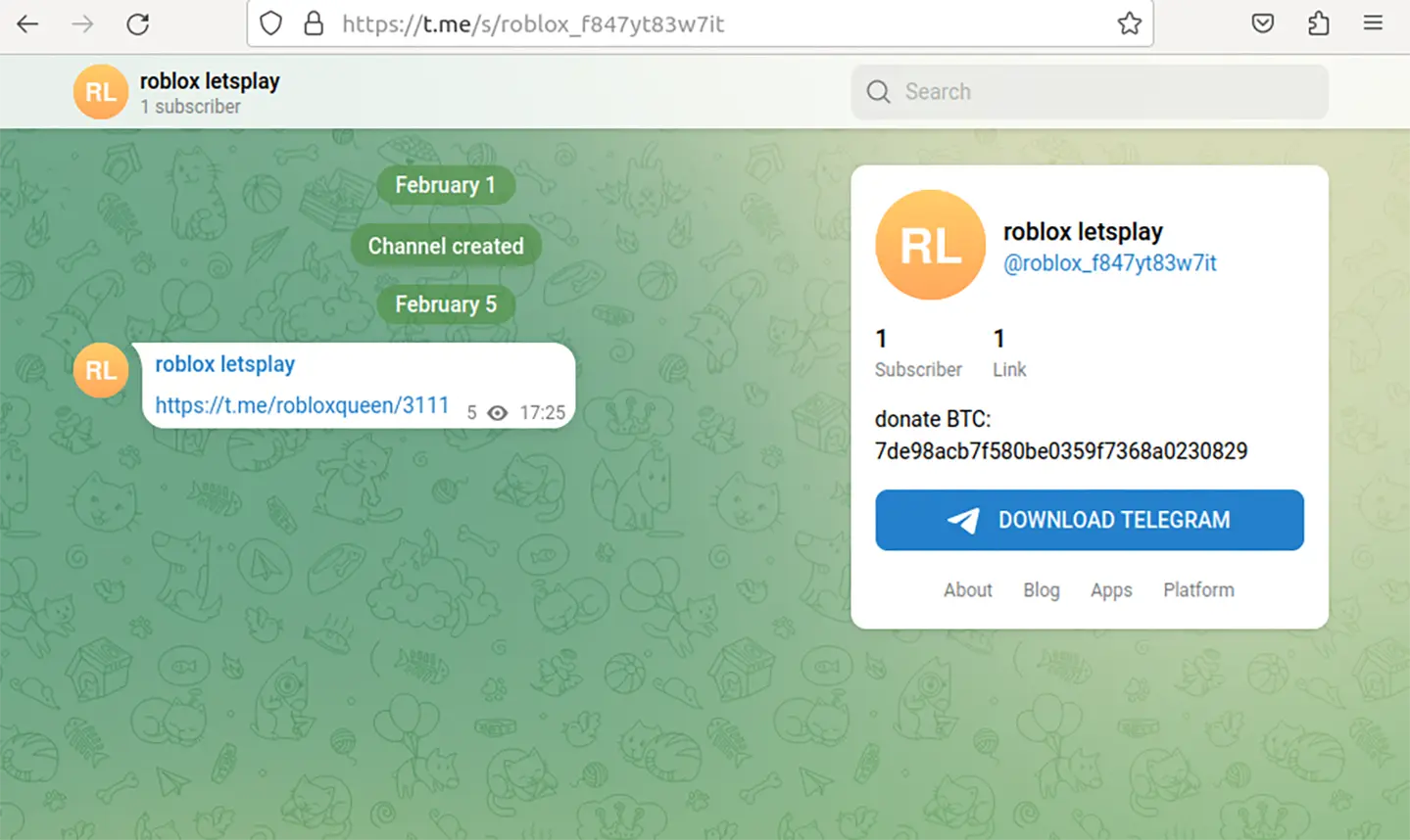 Κανάλι Telegram από το οποίο γίνεται λήψη του βασικού και του τελικού σταδίου URL (Πηγή - ReversingLabs)